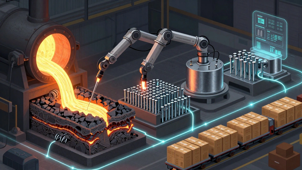 Этапы производства стального гвоздя внутри завода: плавка, формовка, покрытие и упаковка с цифровыми потоками данных.