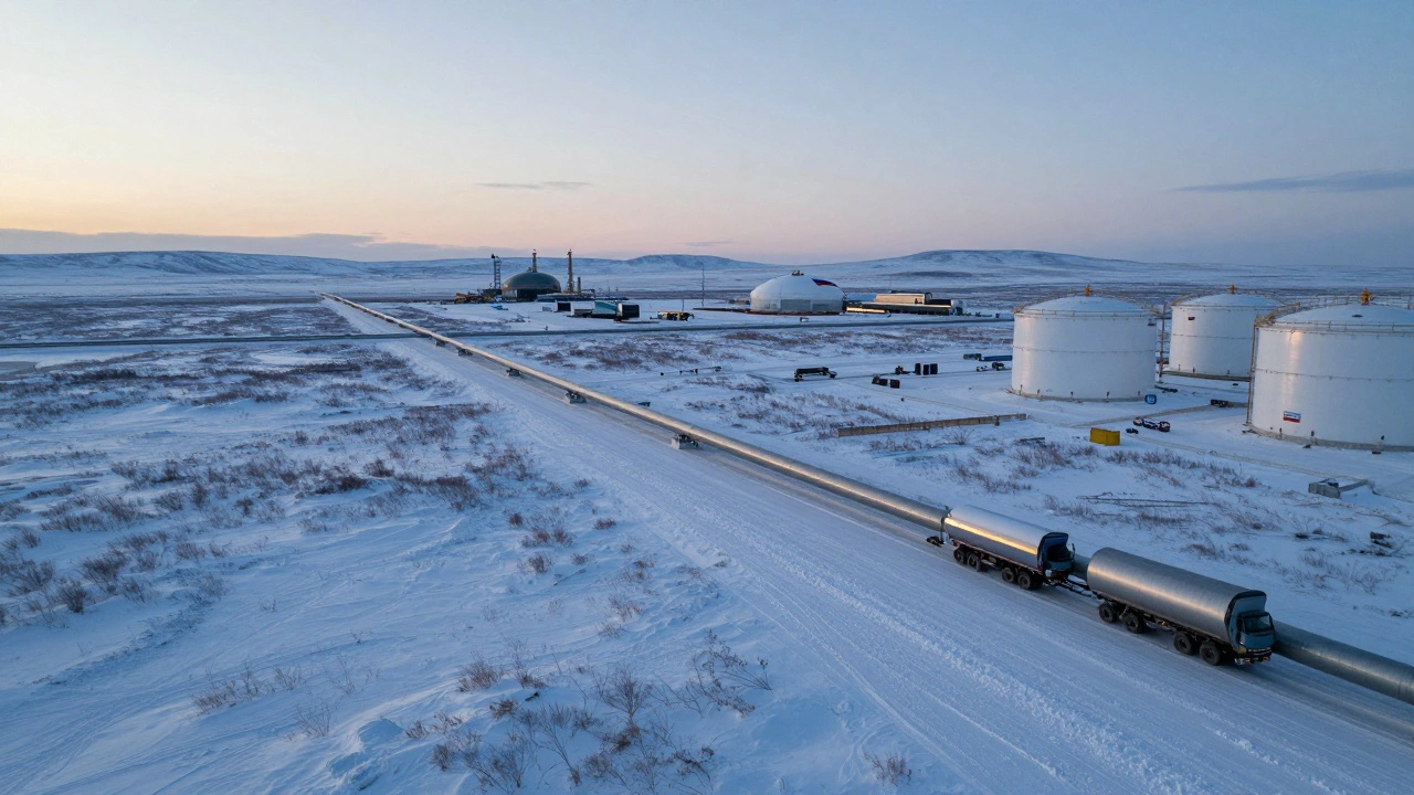 Газопровод «Сила Сибири» простирается через сибирскую тундру под зимним небом.