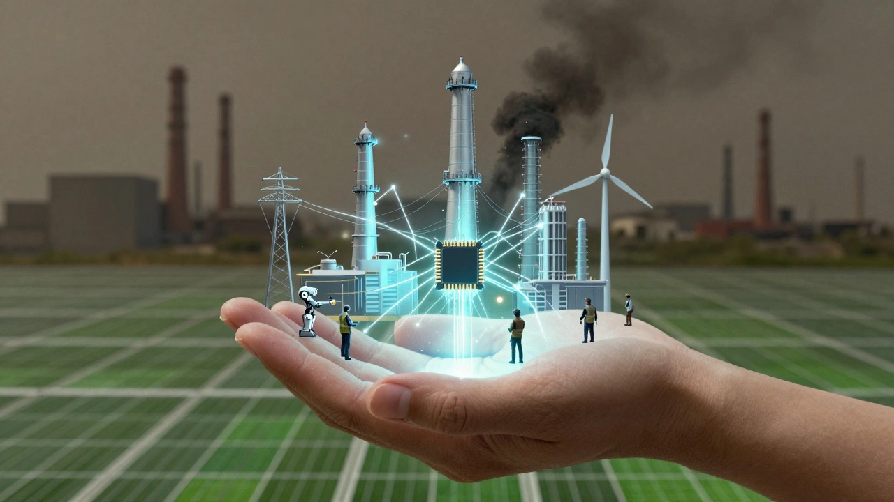 Гигантская рука держит сеть заводов, линий электропередач и чипов, символизируя возрождение промышленности США, зелёная энергия на фоне.