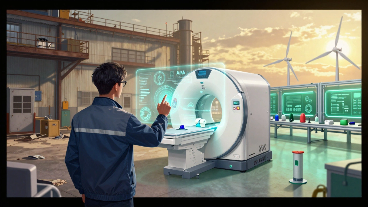 Инженер управляет голографическим цифровым двойником медицинского сканера, вокруг — элементы промышленной автоматизации и экологичных технологий.