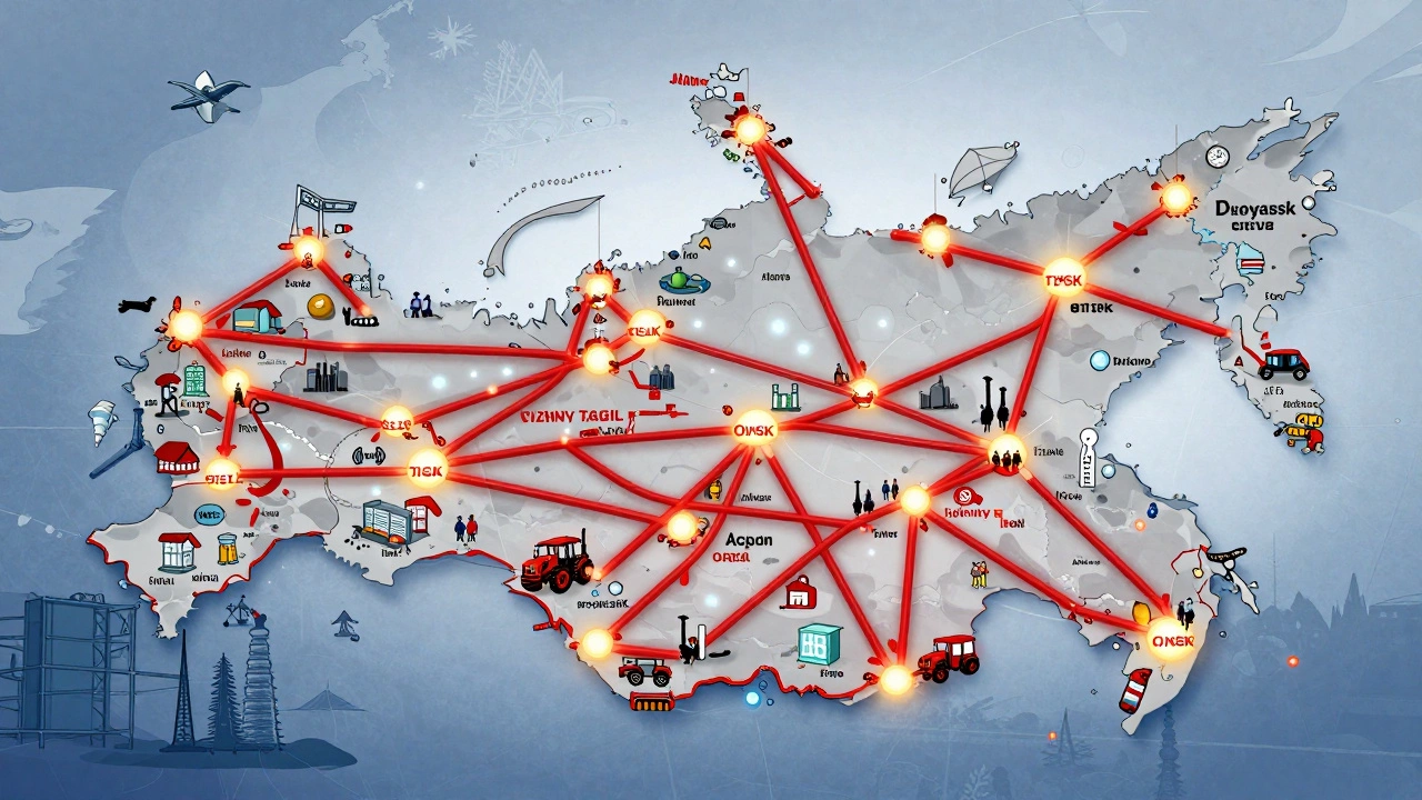Карта России с glowing линиями, соединяющими промышленные города, символизирующими потоки продукции и поддержку населённых пунктов.