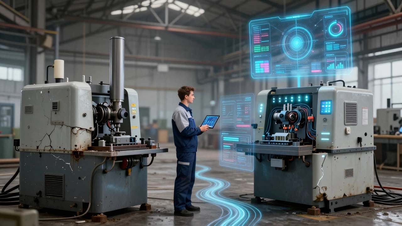 Контраст старого и цифрового станка: слева — устаревшее оборудование, справа — с датчиками и виртуальной копией, между ними — оператор с планшетом.