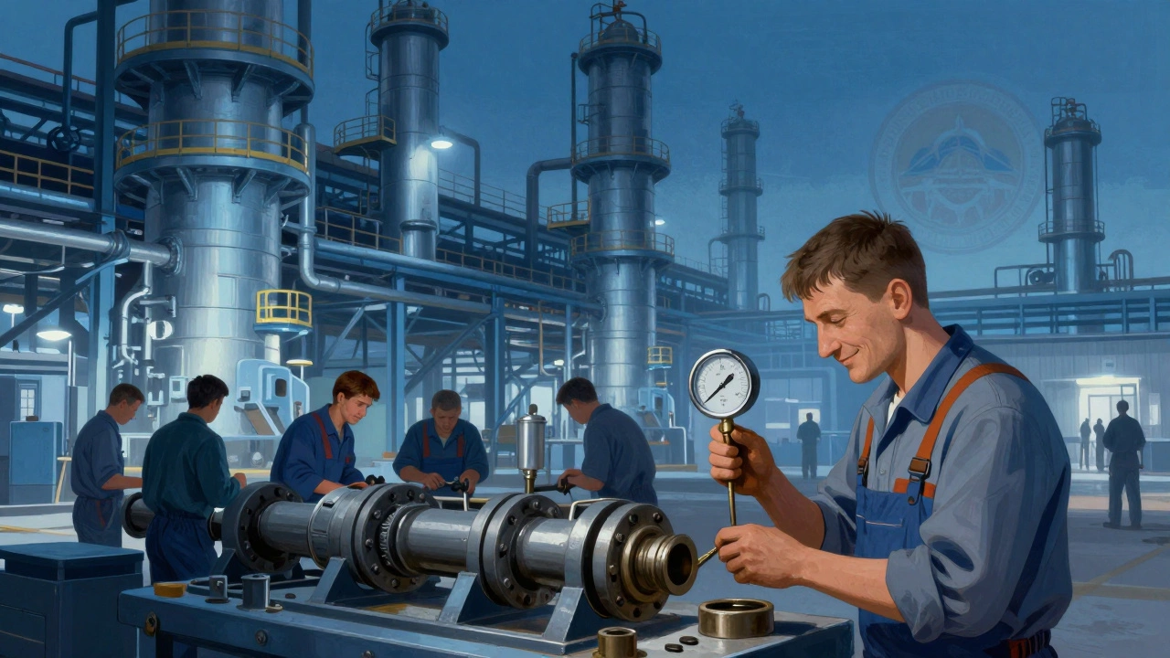 Механики ремонтируют гидравлическую систему на крупном заводе, их ремонтные детали — ключ к работе всей фабрики.