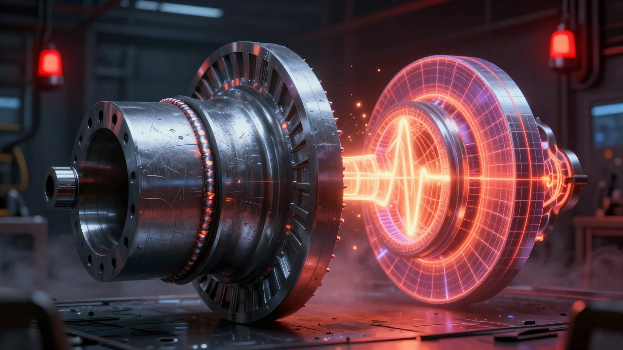 Полуцифровая деталь турбины: одна половина — сталь, другая — светящаяся модель с тепловыми и вибрационными данными.