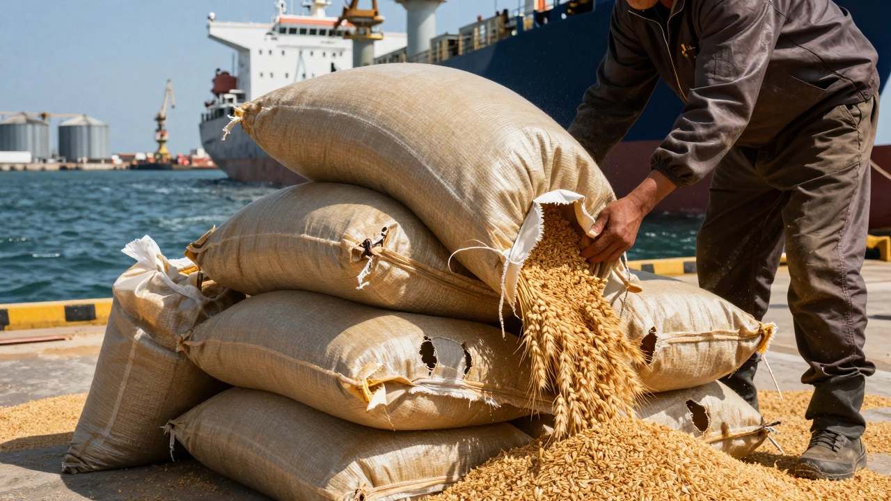 Рабочие грузят зерно на корабль в порту Чёрного моря, золотые мешки на фоне волн.
