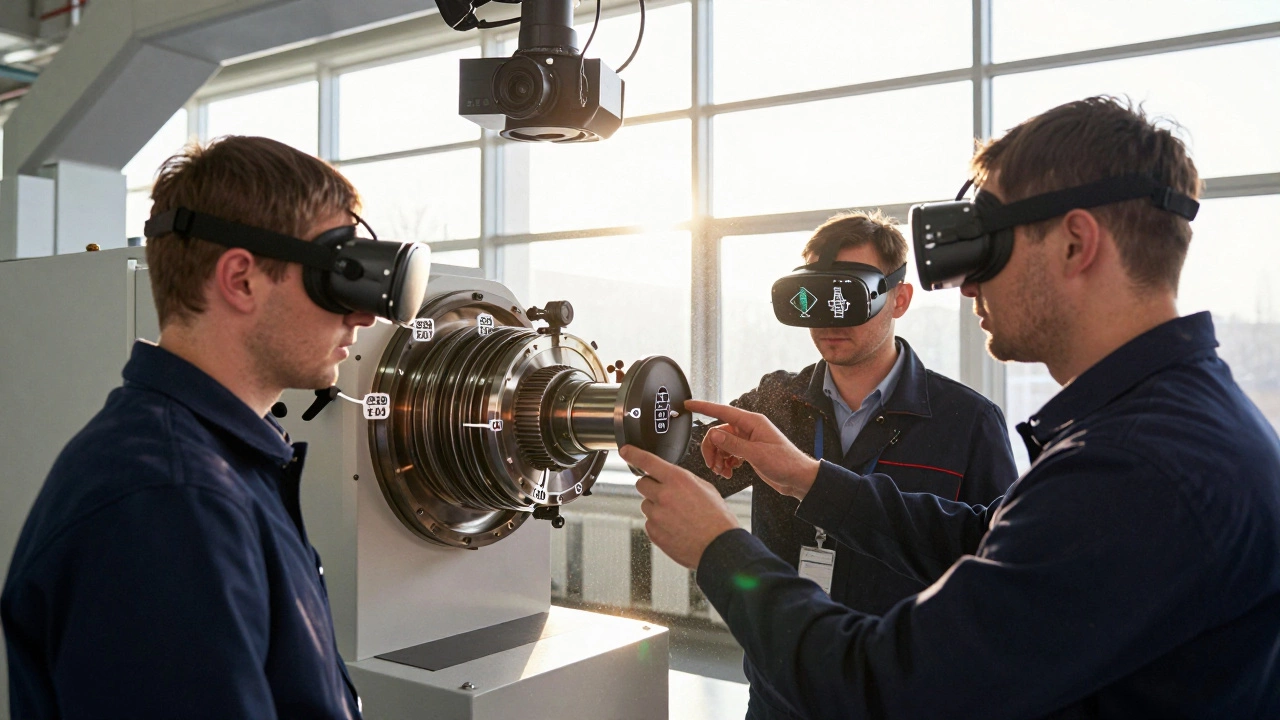 Рабочий в AR-очках получает цифровые подсказки при работе с турбинной лопаткой, над ним — камеры контроля качества.