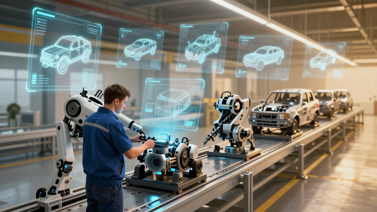 Рабочий в экзоскелете собирает технику, вокруг — голографические модели и автоматизированная линия.