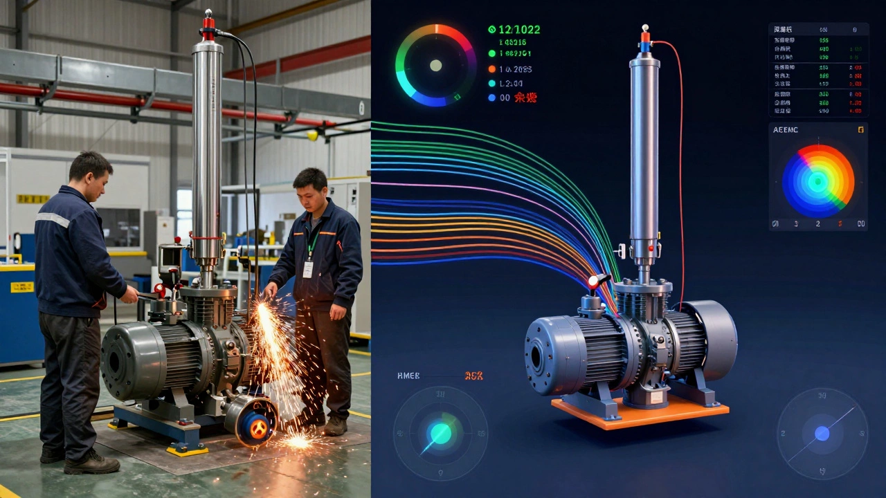 Разделённая сцена: реальный насос на сборке и его цифровой двойник с потоками данных в виртуальной среде.