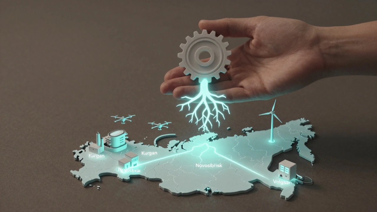 Рука держит шестерню, превращающуюся в корни дерева, символизируя устойчивое машиностроение, на фоне карты России с точками модернизации заводов.