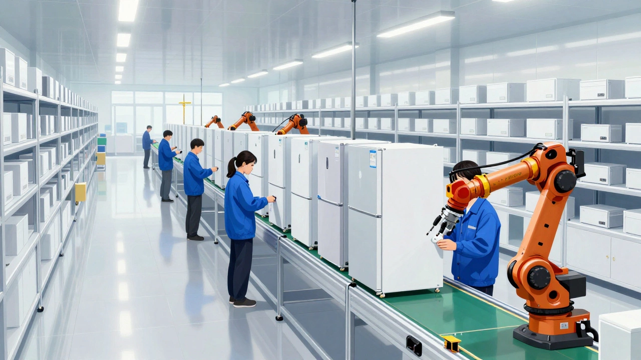 Сборочная линия фабрики, где рабочие собирают холодильники из готовых деталей на конвейере.