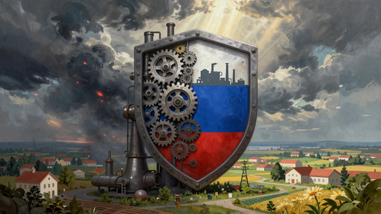 Щит из шестерён и заводов защищает спокойный пейзаж от бури санкций, символизируя экономическую независимость.