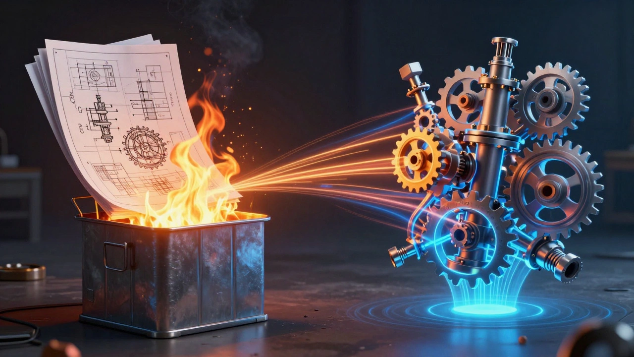 Сравнение: горящие чертежи и светящаяся 3D-сборка с симуляциями напряжений.