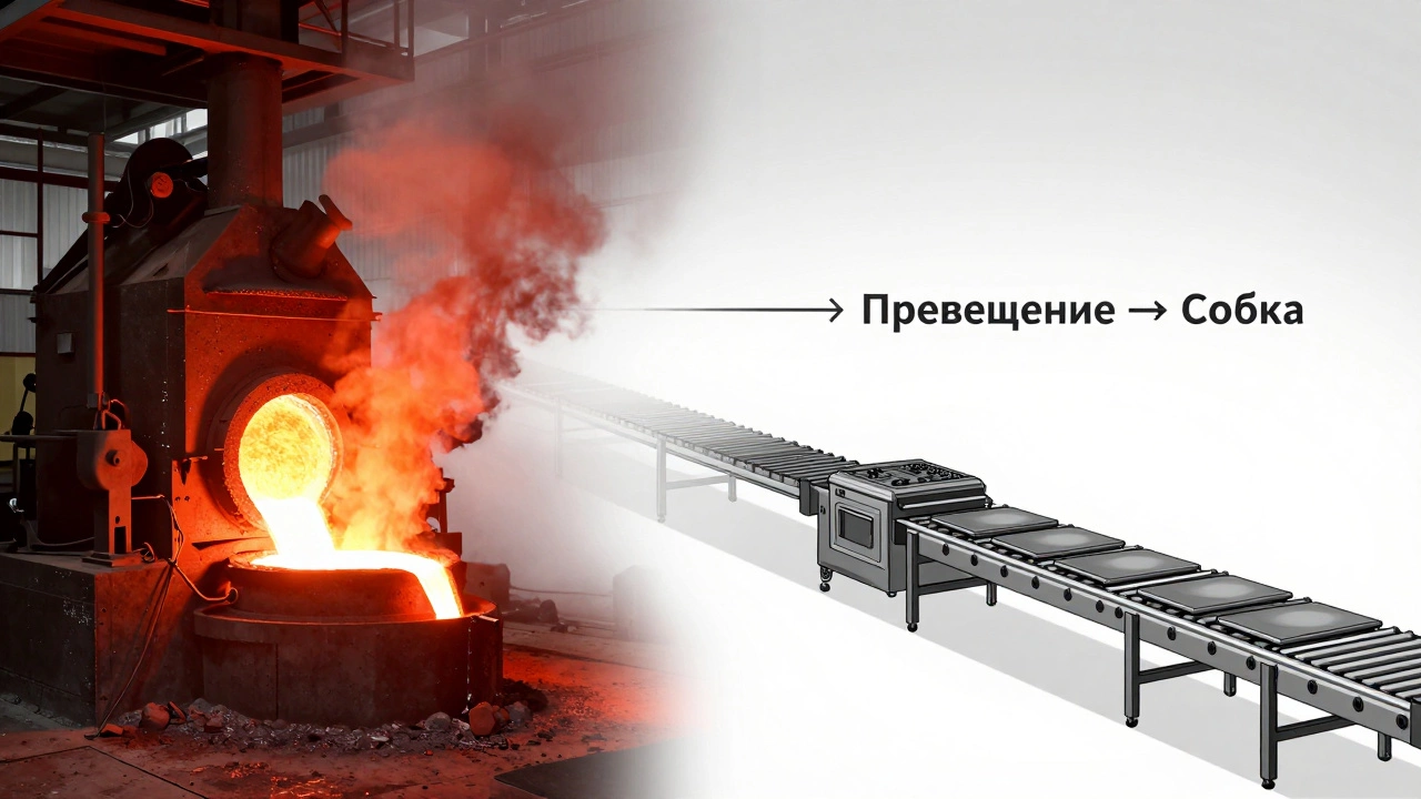 Сравнение процессов: слева — плавка руды в сталь, справа — сборка плиты из стали, стрелка между ними.