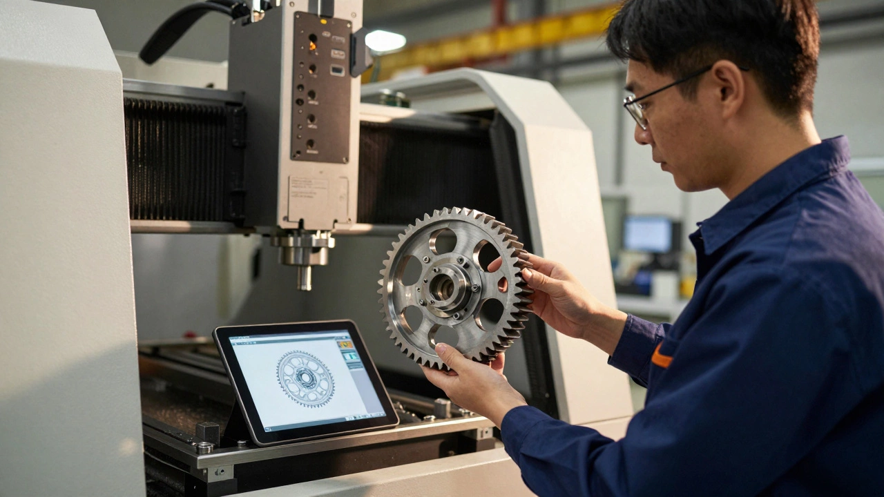 Техник держит 3D-напечатанную деталь рядом с ЧПУ-станком, на планшете — цифровая модель.