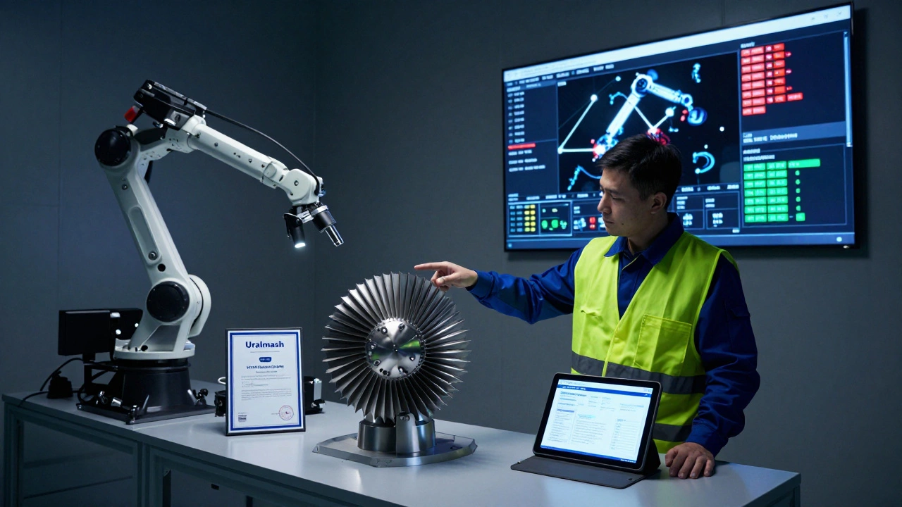 Техник показывает 3D-напечатанную турбинную лопатку с цифровым сертификатом точности на фоне роботизированной сборки.