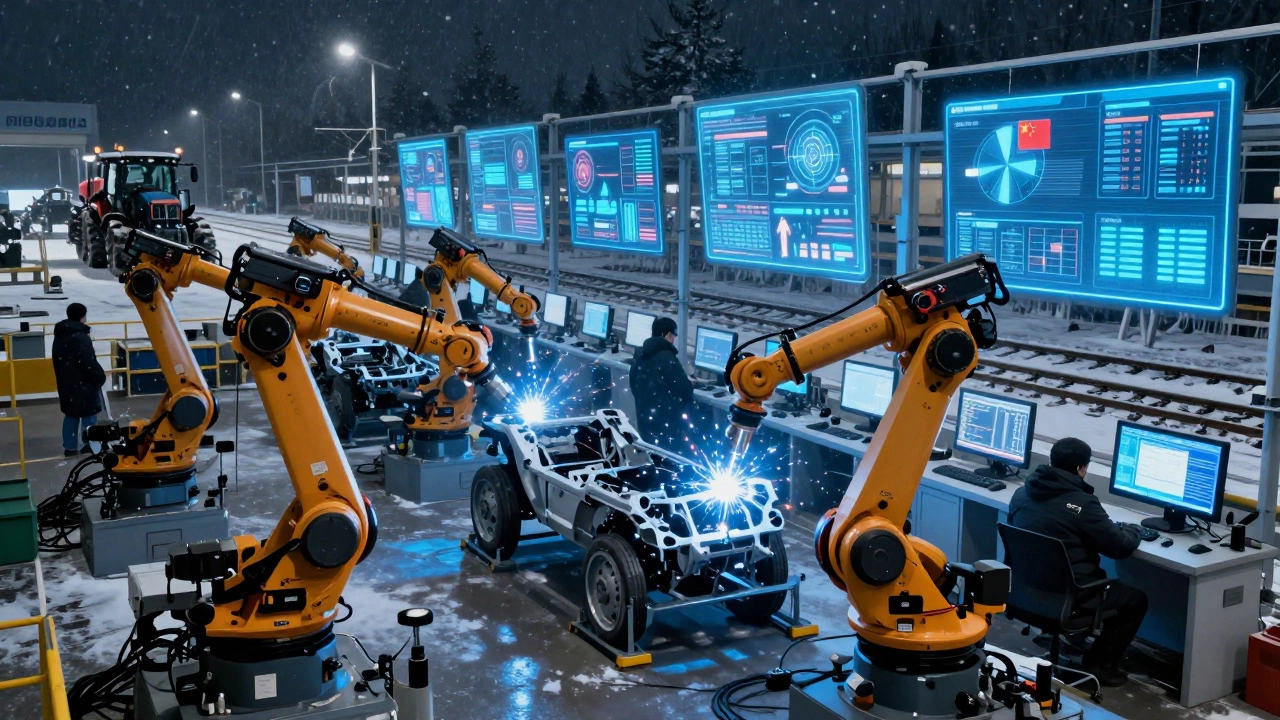 Умный завод в Новосибирске ночью: роботы сваривают тракторы, инженеры следят за данными на экранах.