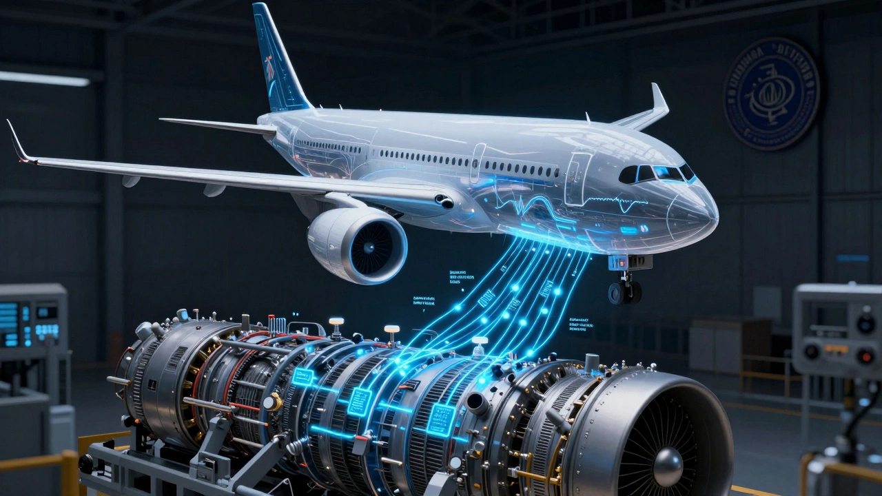 Цифровой двойник двигателя самолета с потоками данных, параллельно с реальным механизмом, в промышленной среде.