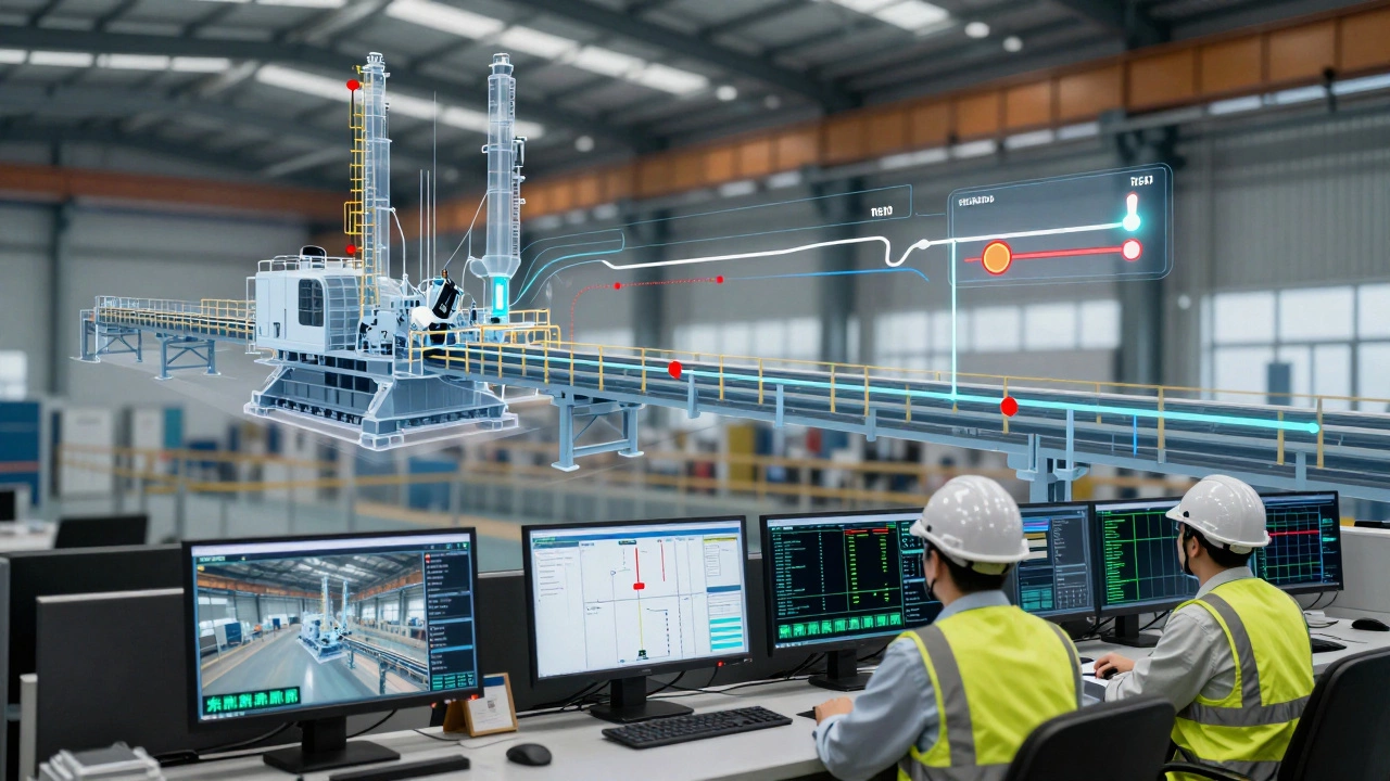 Цифровой двойник сборочной линии, отображаемый на экране рядом с реальным оборудованием на заводе.
