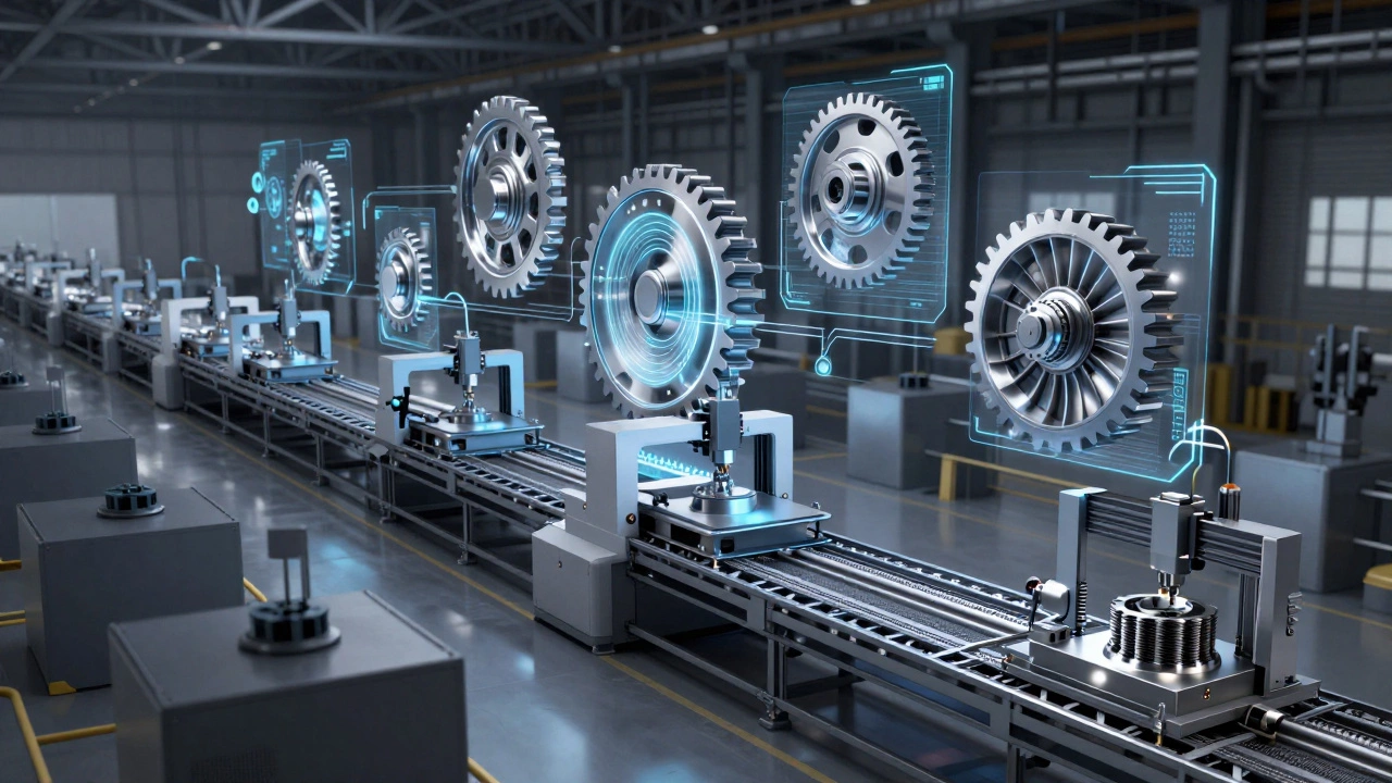 Цифровые 3D-модели деталей машин в виде голографических проекций над производственной линией, соединённые с CNC-станками и 3D-принтерами.