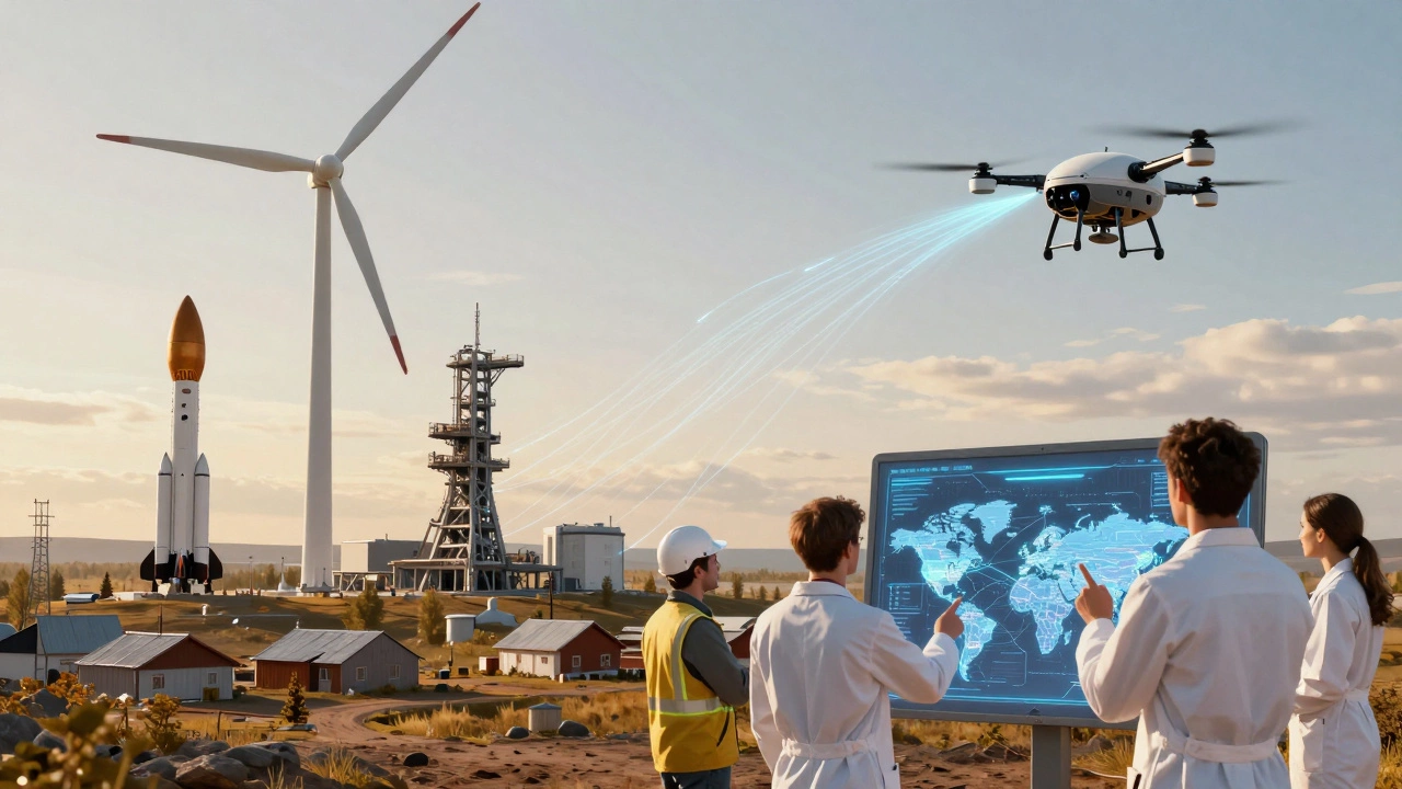 Футуристический пейзаж: турбина, ракета и дрон, соединённые потоками данных, в окружении инженеров.