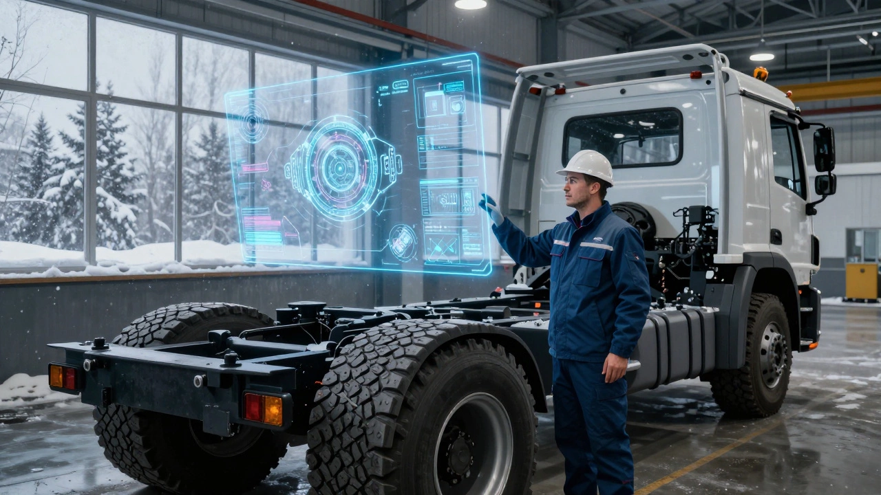 Инженер осматривает грузовик, спроектированный для экстремально холодных условий Сибири.