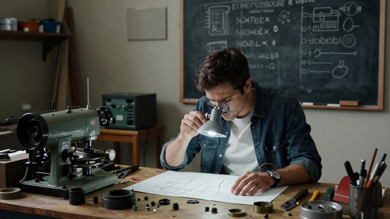 Инженер перепроектирует деталь, окружённый старыми станками и местными запчастями.