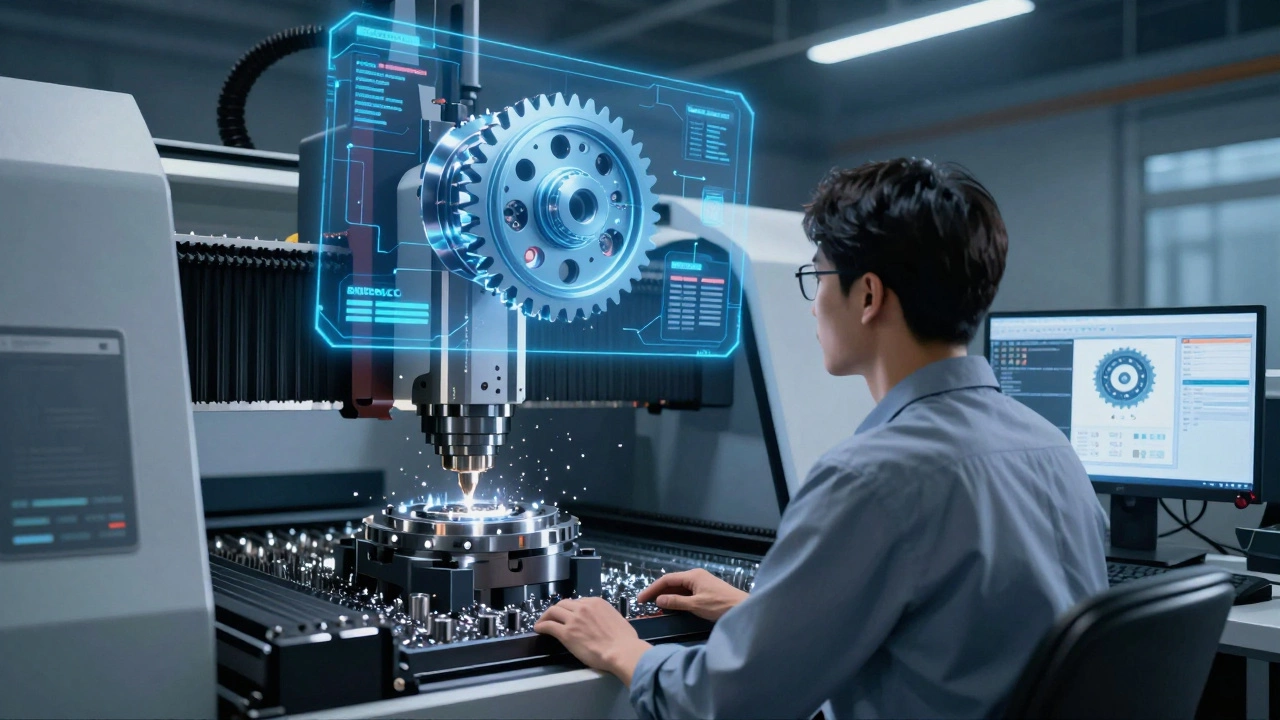 Инженер-технолог наблюдает за ЧПУ-станком, обрабатывающим сложную деталь, над которым отображается цифровая модель.