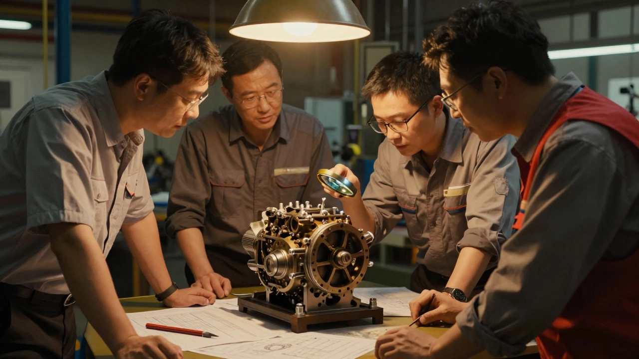 Инженеры обсуждают качество сборки двигателя в цеху, используя увеличительное стекло и инструменты.