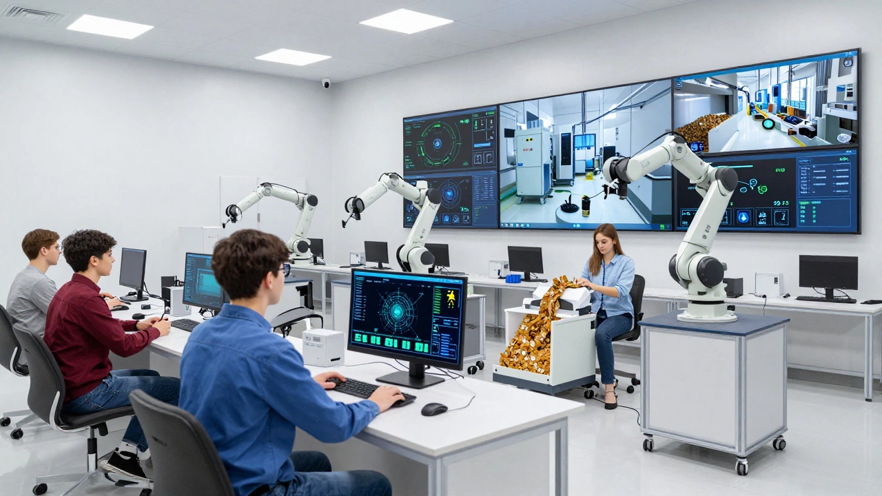 Инженеры управляют роботами и цифровыми панелями на современном производстве.