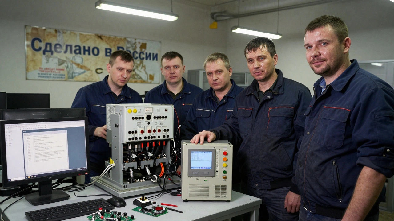 Инженеры в цеху в Твери демонстрируют отечественный промышленный контроллер, заменивший импортный аналог.
