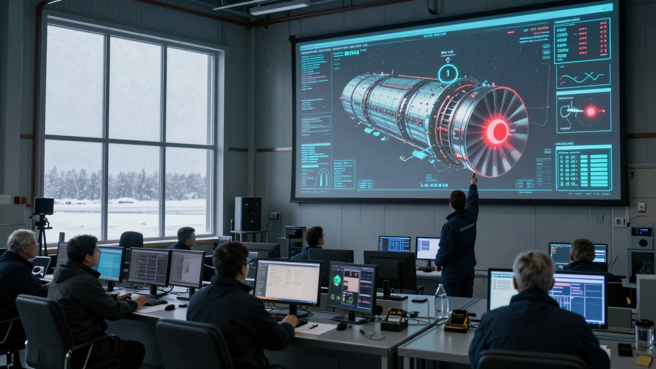 Инженеры в центре управления наблюдают за трехмерной моделью двигателя ПД-14 на экранах в сибирской лаборатории.