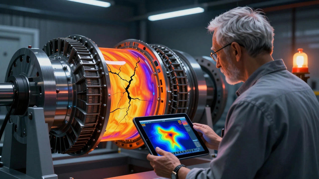 Опытный модельер сравнивает симуляцию ANSYS с реальной турбиной, где цифровые тепловые карты совпадают с трещинами на металле.