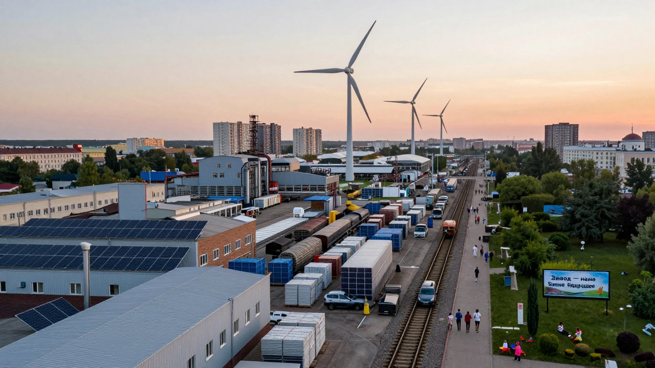 Промышленный город на закате с солнечными панелями и семьями рядом с заводом.