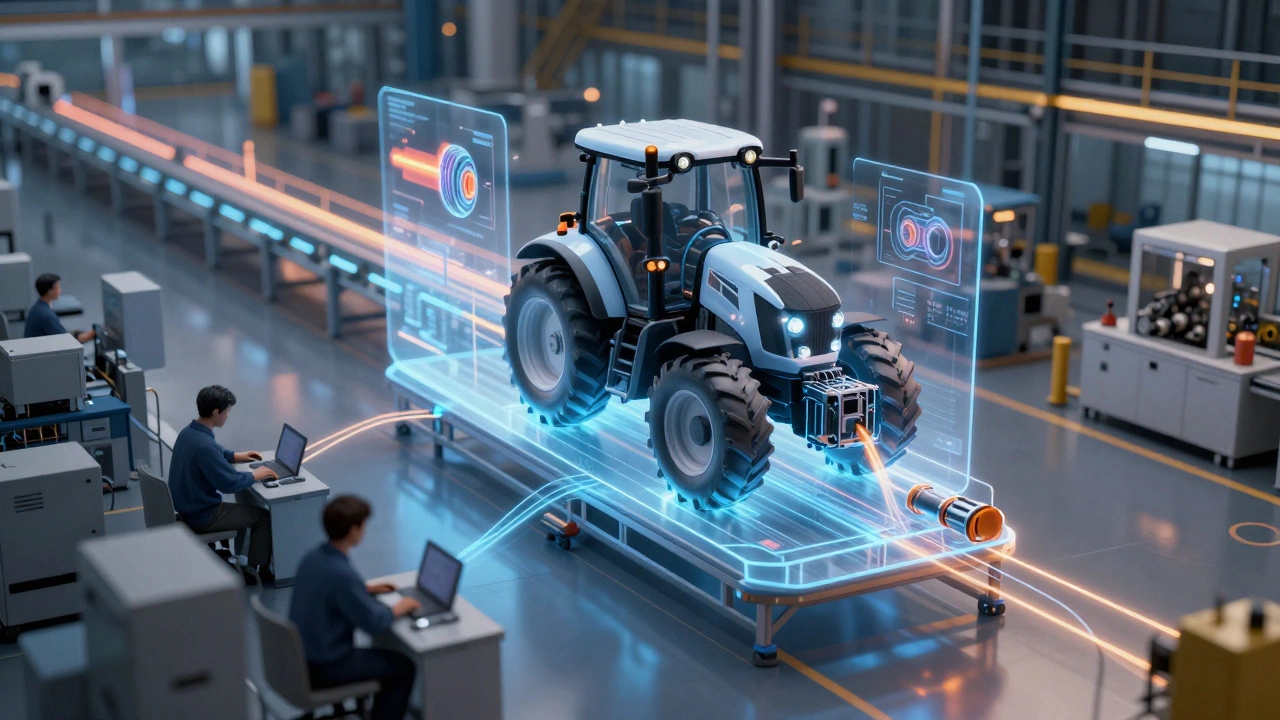 Прозрачная цифровая копия производственной линии парит над реальными станками, соединённые потоками данных.