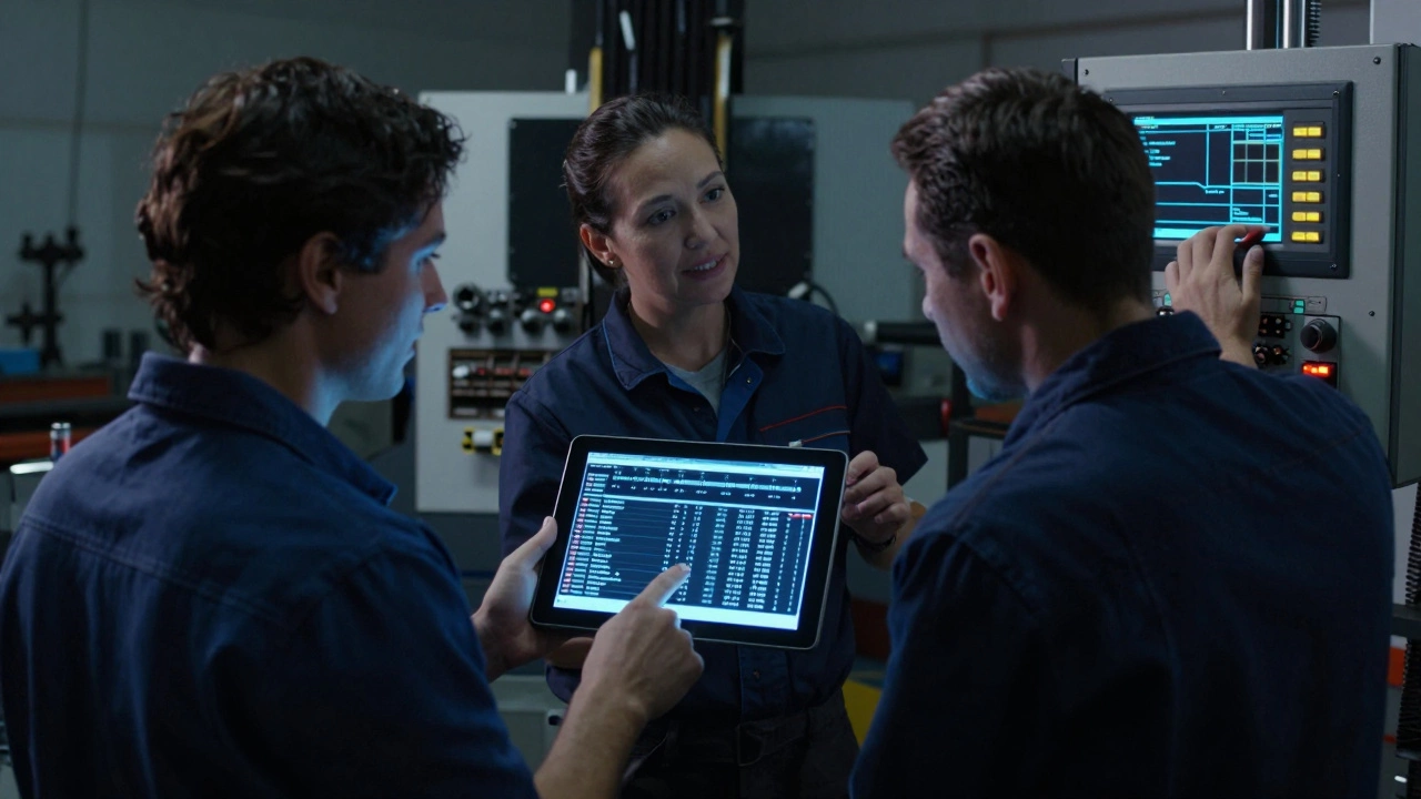 Рабочие анализируют цифровой журнал брака на планшете, один инженер настраивает станок, на заднем плане — устаревшее оборудование.