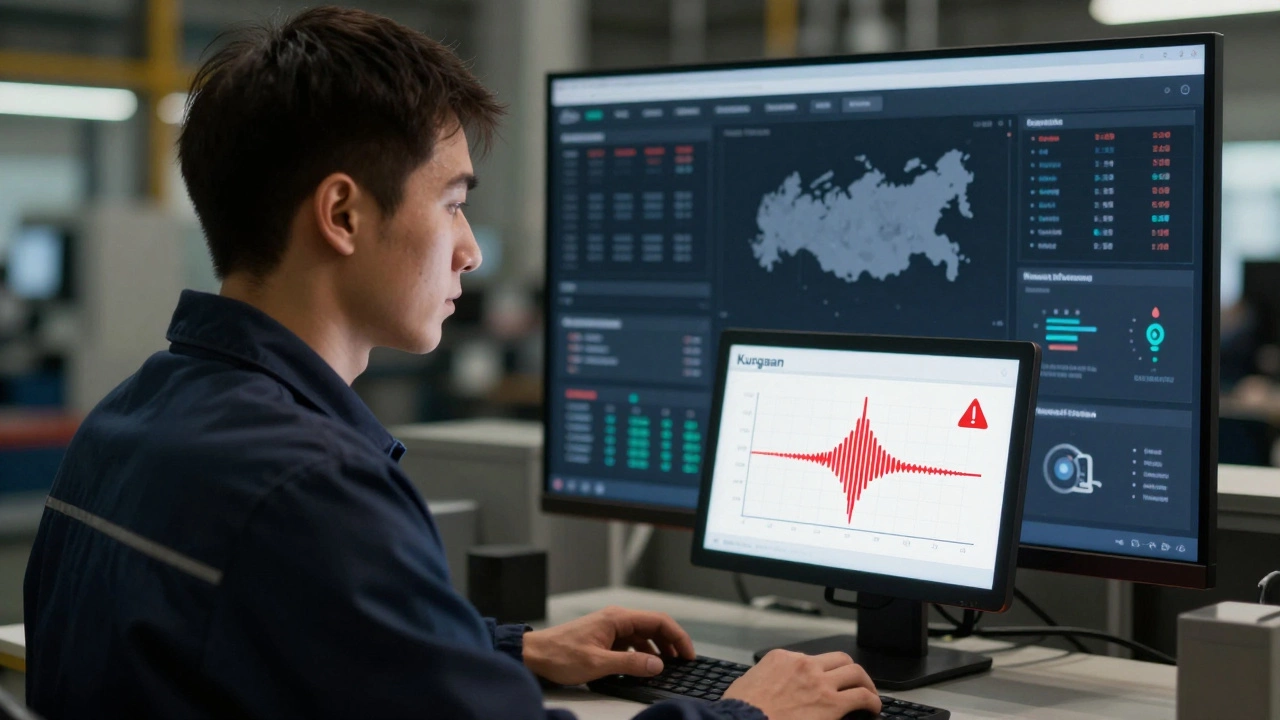 Рабочий получает предупреждение на простом интерфейсе, а за спиной — облачная панель с данными с заводов России.