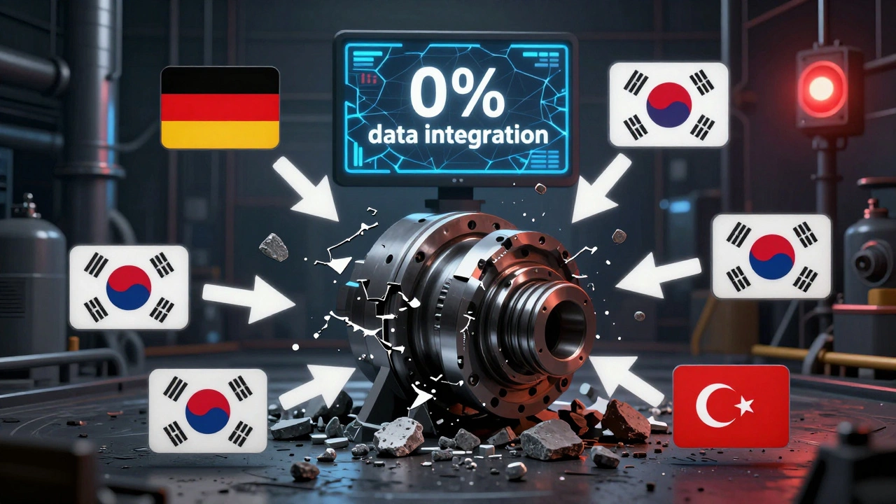 Разорванная цепочка поставок: деталь в центре, вокруг — разорванные стрелки к зарубежным поставщикам и низкокачественные замены.