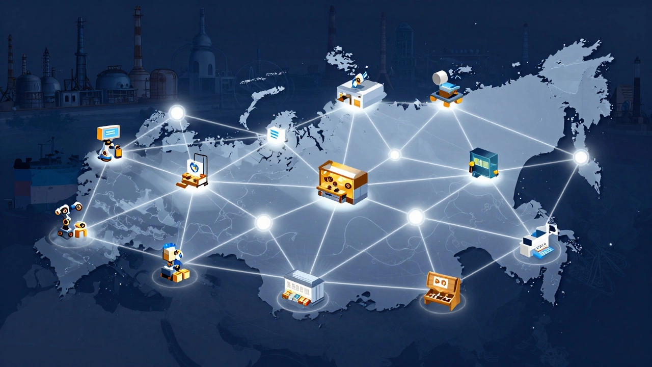 Сеть малых предприятий России соединяется с логистическими маршрутами через Казахстан и Турцию, символизируя независимость цепочек поставок.