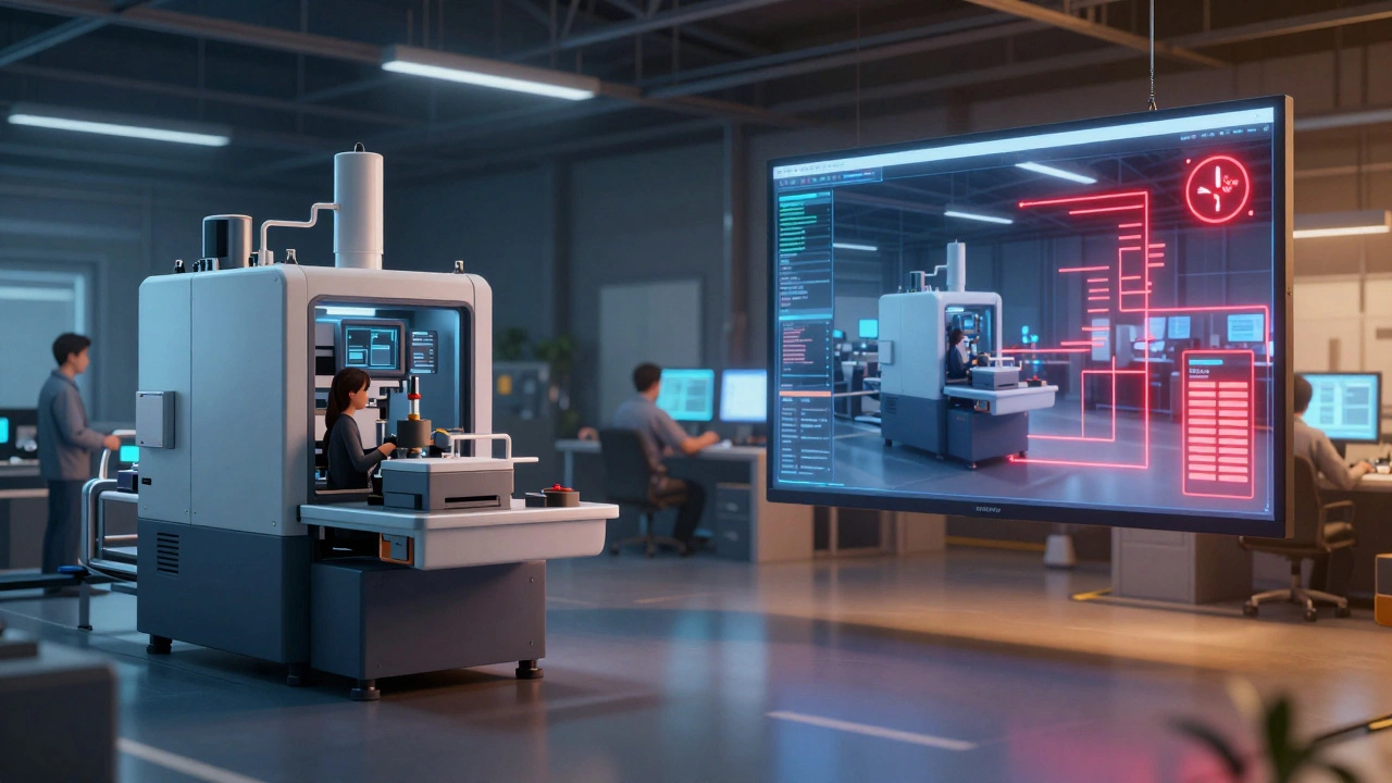 Цифровой двойник производственной линии: виртуальная модель над реальным оборудованием показывает предсказание отказа.