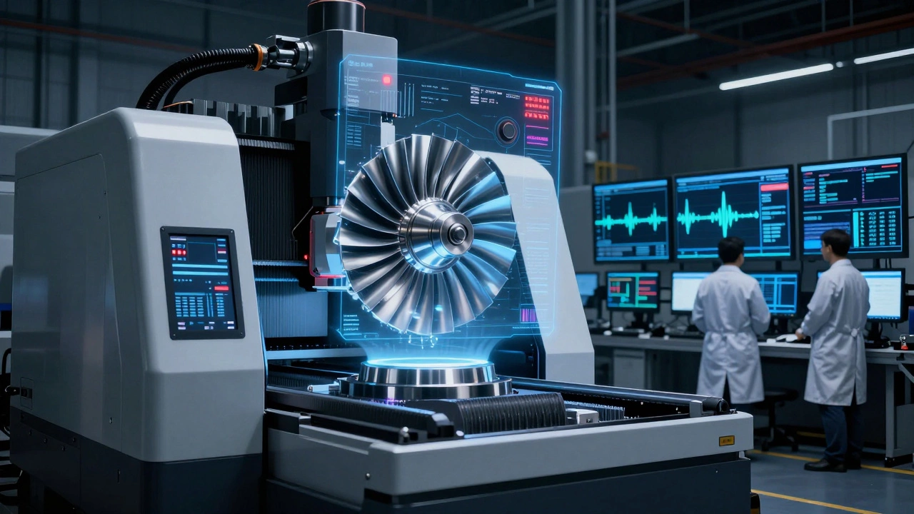 Цифровой станок с голографическим двойником турбины в высокотехнологичном цеху.