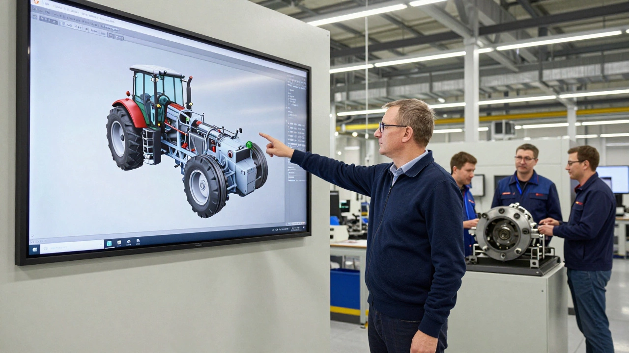 Инженер объясняет команде цифровую копию трансмиссии трактора на большом экране на заводе.
