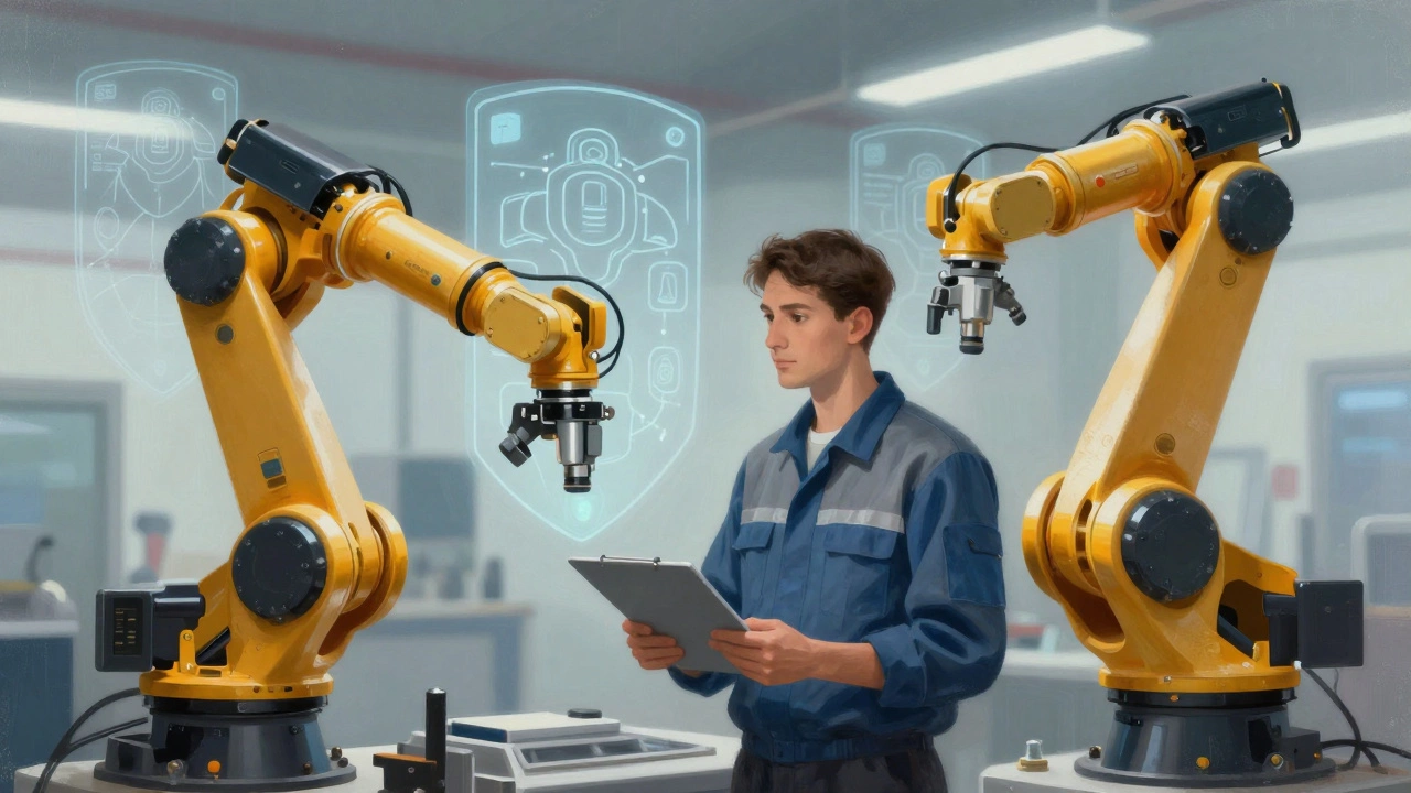 Инженер сотрудничает с роботом при защите кибербезопасностью данных завода