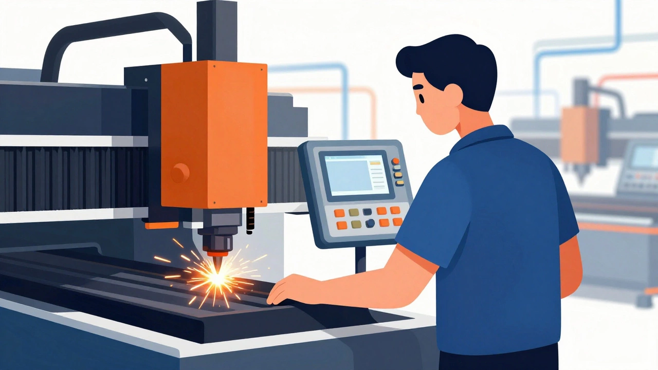 Оператор станка контролирует процесс обработки металла