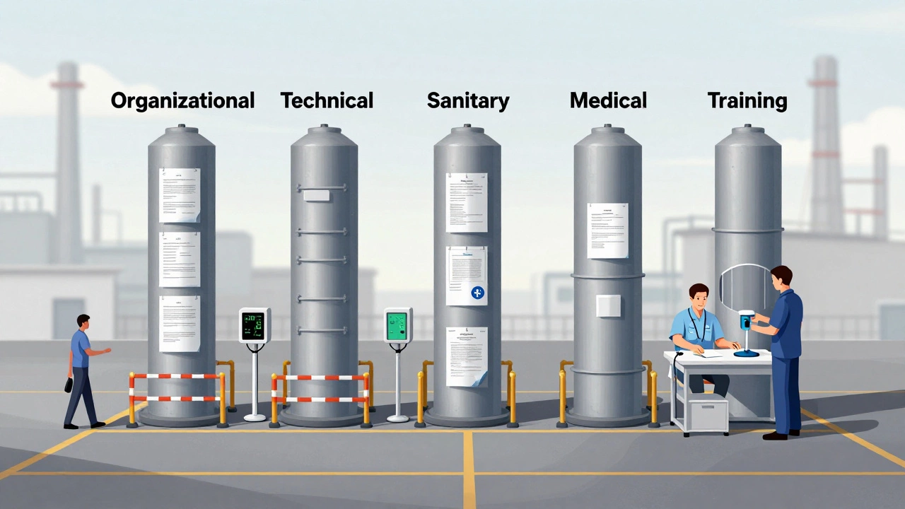 Пять столбов системы охраны труда, поддерживающих безопасность на производстве: организационные, технические, санитарные, медицинские и обучающие меры.