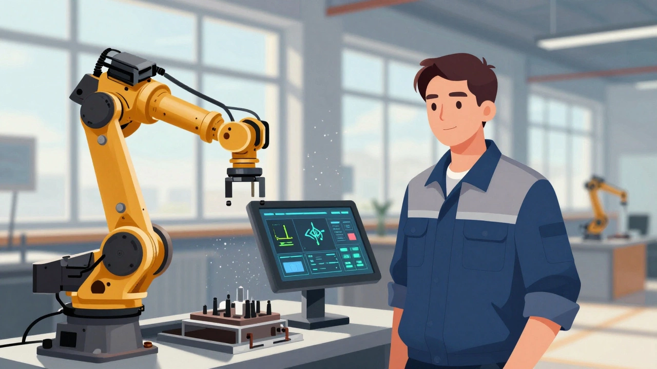 Рабочий наблюдает за данными с датчиков на экране, рядом — робот выполняет сборку.