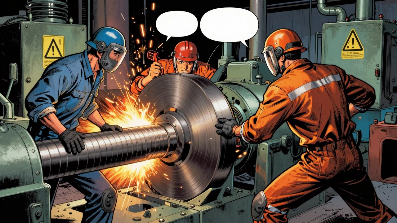 Рабочий останавливает коллегу, который пытается отключить защитное ограждение станка.