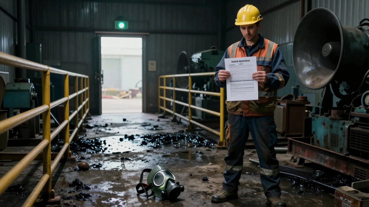 Рабочий стоит перед опасной зоной с разливыми маслом и отсутствующими ограждениями, держа в руке акт обследования, а на полу — сломанный респиратор.