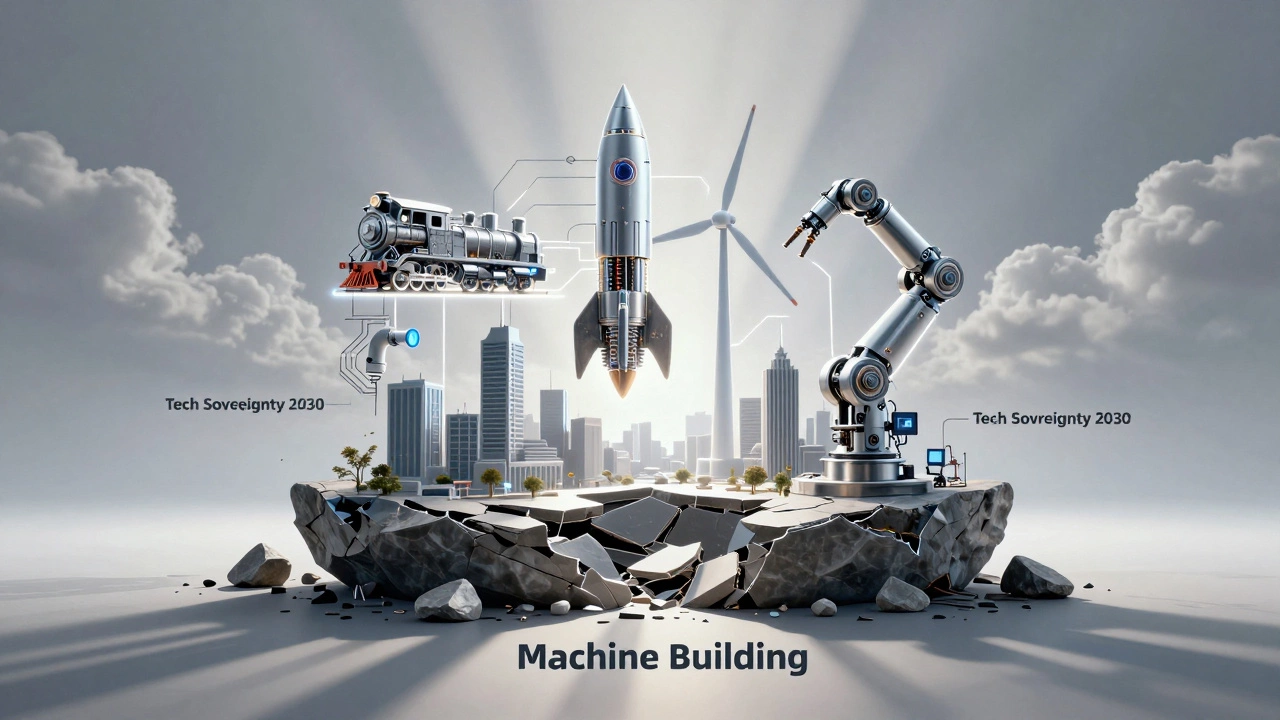 Разрушенный фундамент с надписью 'Машиностроение', из которого поднимаются технологии будущего.