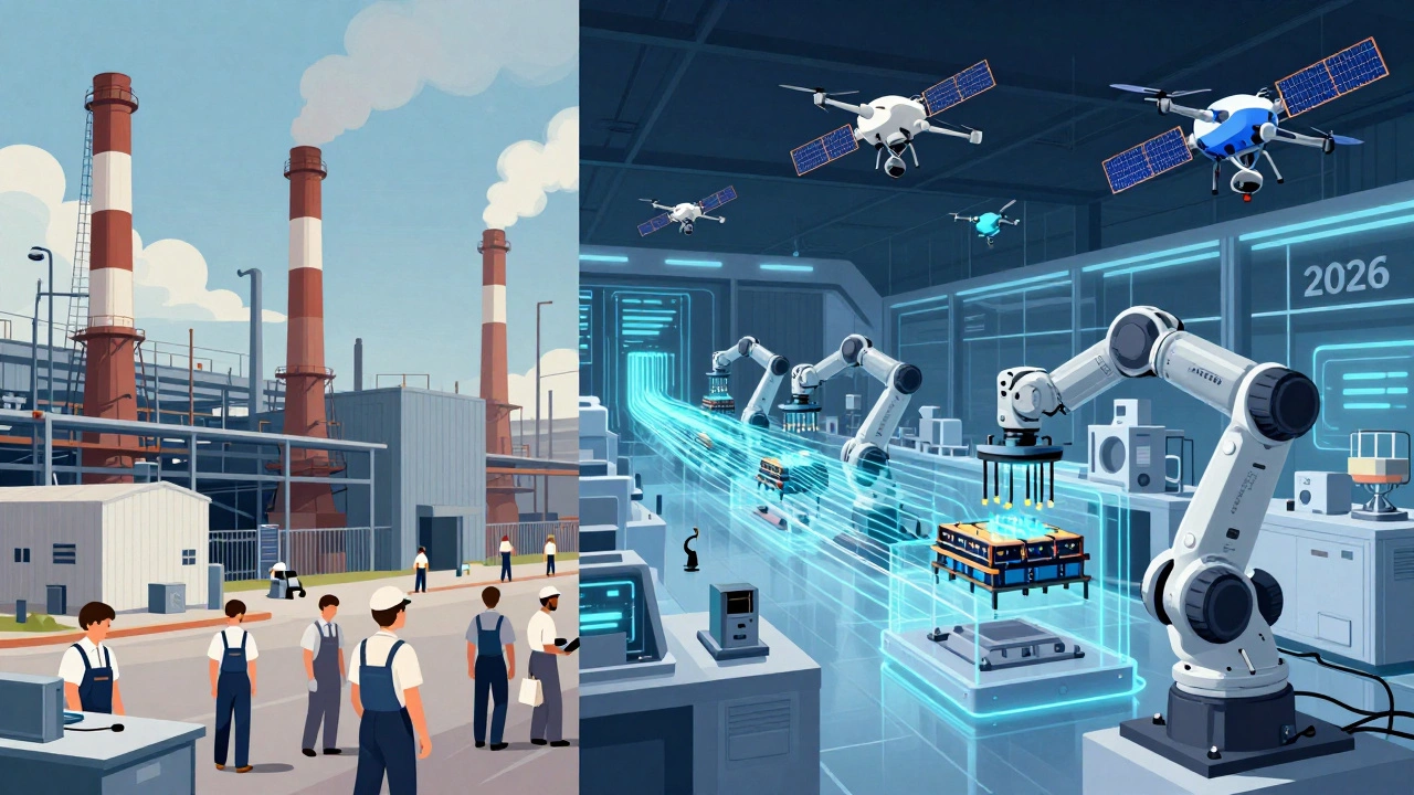 Сравнение традиционного завода 1990-х и цифрового производства 2026 года с акцентом на эволюцию промышленности США.