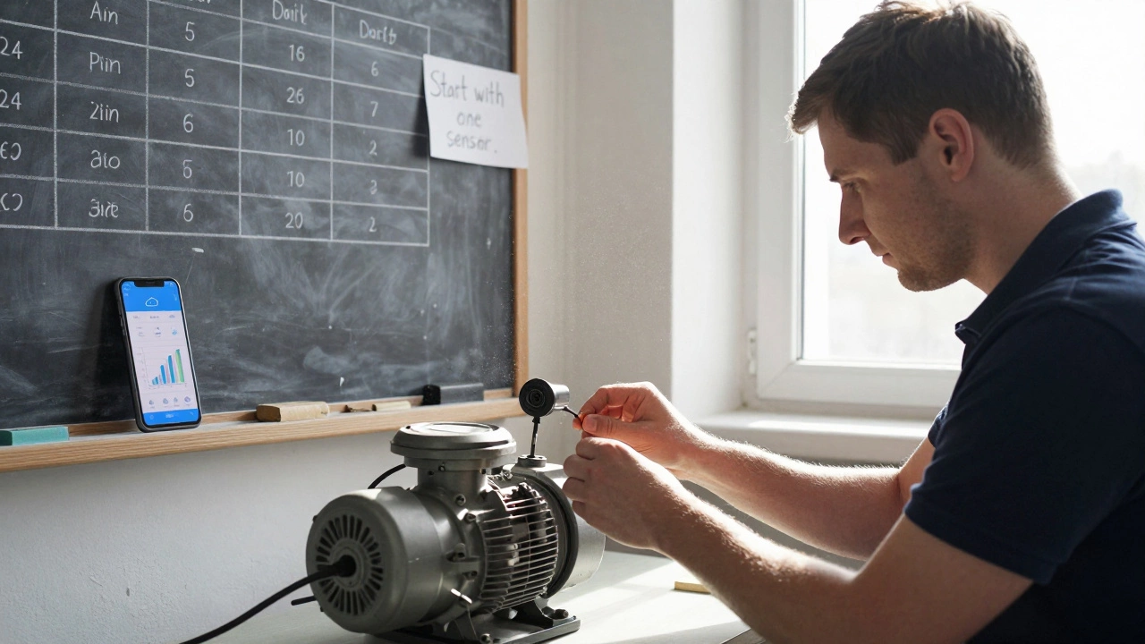 Техник устанавливает датчик на насосе в небольшом цеху, на телефоне — простой дашборд с данными температуры.